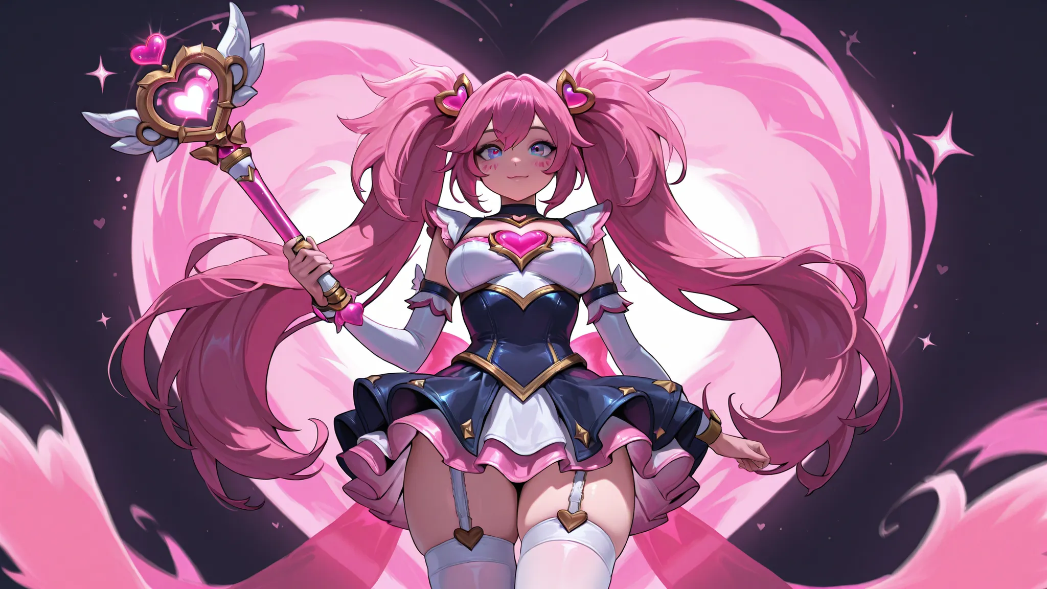 portrait of female cute adorable magical girl character from star guardians (league of legends), pink long hair, white thigh highs with garter belts, white/pink ragged skirt to her thighs, white top with her breasts showing, perfect body, beautiful, holdin...