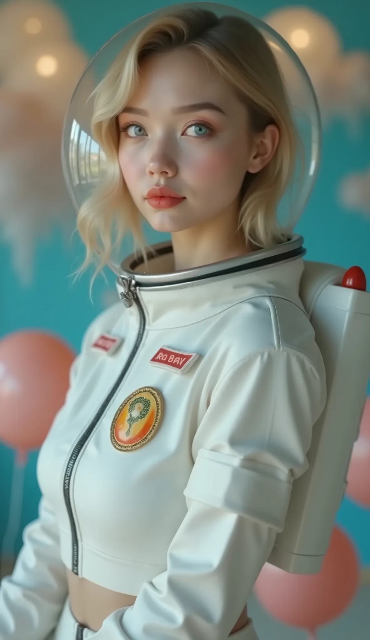 ((RAW Photo), Absurds, (Absurd Resolution)), ((Hyperrealism, Photorealistic)), ((beautiful 23 year old woman)), (poufy blonde hair, cropped, light flashes), (full astronaut suit, white fabric), (without helmet), (she looks sideways to the side), (floating ...