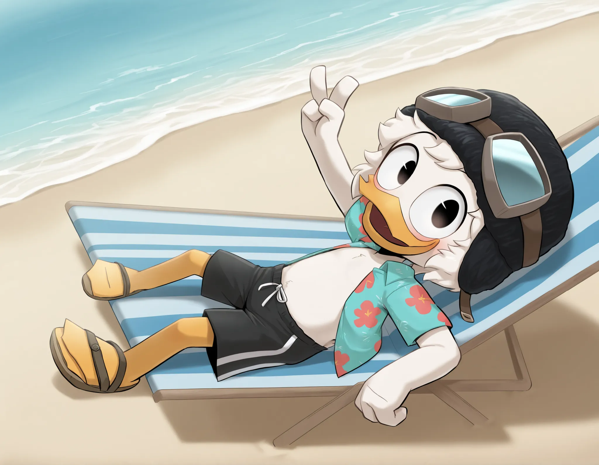 (masterpiece, best quality, very aesthetic, absurdres), artist:sakura, solo, 1boy, male, duck, beak, young, black eyes, looking at viewer, open smile, blush, white hair, messy bangs, short messy hair, ((goggles, black wool hat, blue aloha shirt, open cloth...