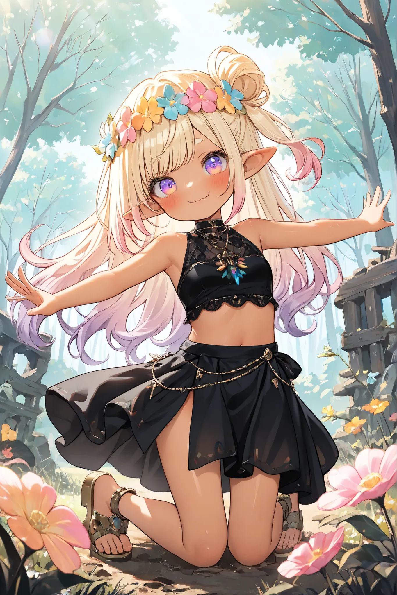 ((Masterpiece)), ((best quality, very aesthetic, absurdres, newest)), (wide shot), (8K), (cinematic lighting), ((1girl)), (cute young girl), (Healthy body, Textured skin, small breast, tilt head), elf ears, Glossy unruly hair, (beautiful blond hair, gradie...