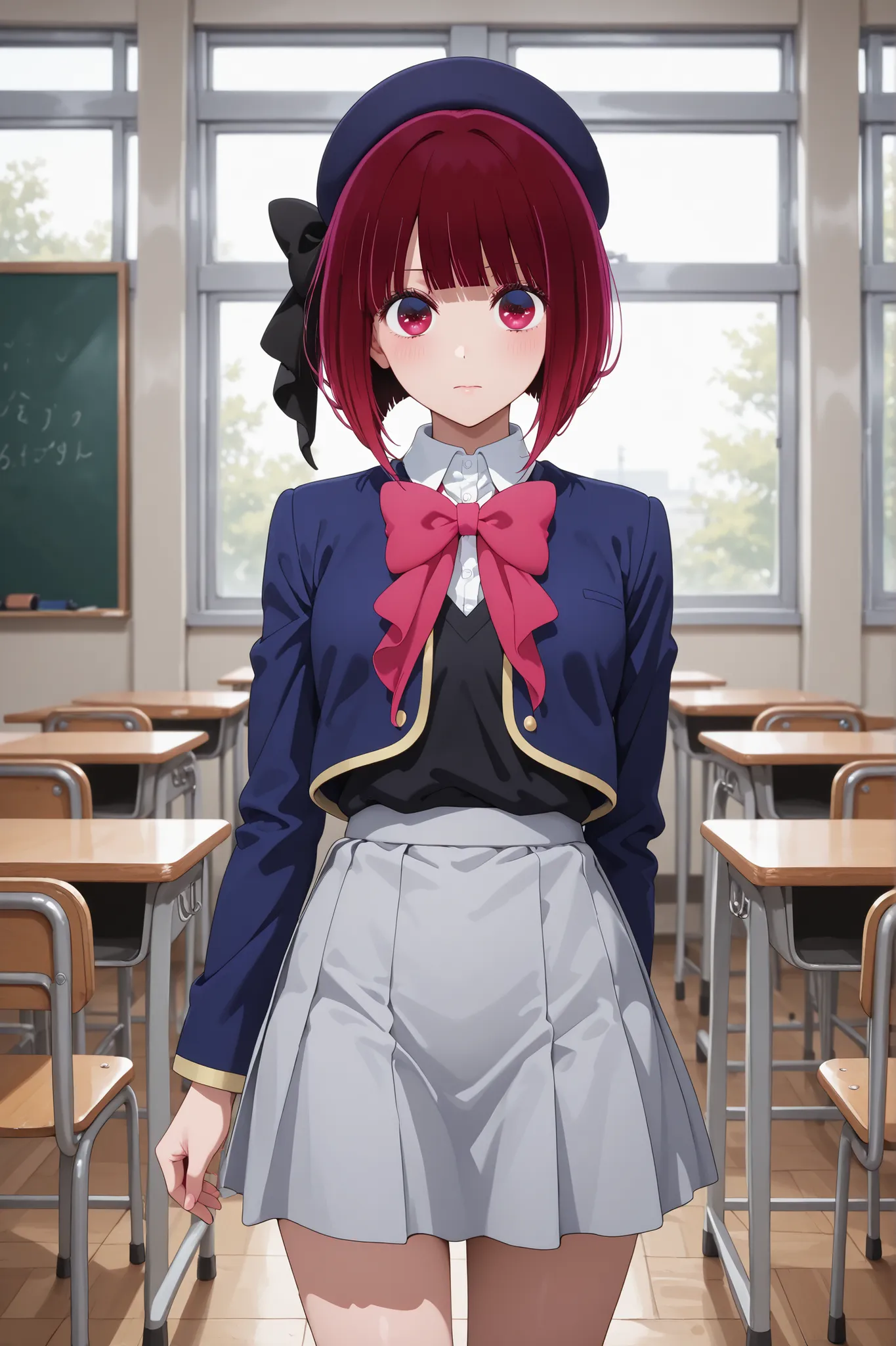 1girl, arima kana, idol, blue jacket, jacket, hat, youtou high school uniform, shirt, bob cut, hat ribbon, bowtie, blunt bangs, collared shirt, inverted bob, ribbon, medium hair, pink ribbon, school uniform, closed mouth, beret, grey skirt, idol clothes, s...