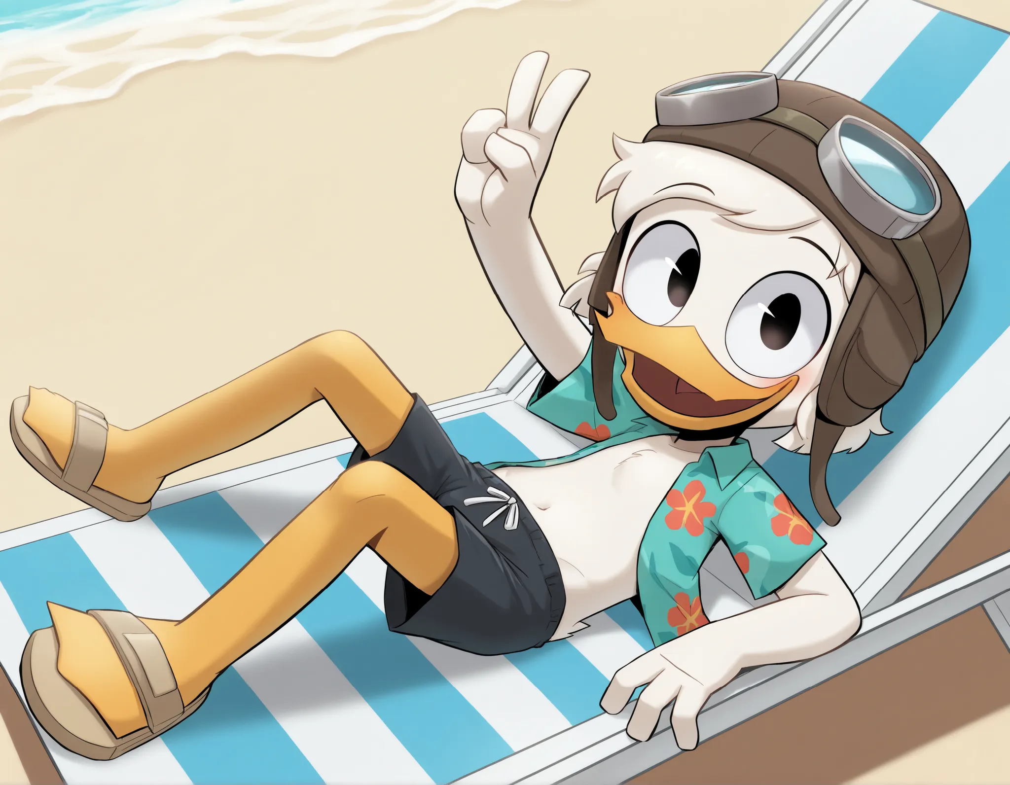 (masterpiece, best quality, very aesthetic, absurdres), artist:sakura, solo, 1boy, male, duck, beak, young, black eyes, looking at viewer, open smile, blush, white hair, messy bangs, short messy hair, ((goggles, black wool hat, blue aloha shirt, open cloth...