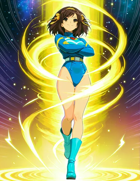 Masterpiece, best quality, high res, 8k, solo, solo focus, 1girl, sysdeep_haruhi, suzumiya haruhi as a superhero, (blue highleg leotard with white accents:1.2), (high waisted belt:1.4, tight belt:1.4), (bare legs:1.4), matching gloves, (matching boots, blu...