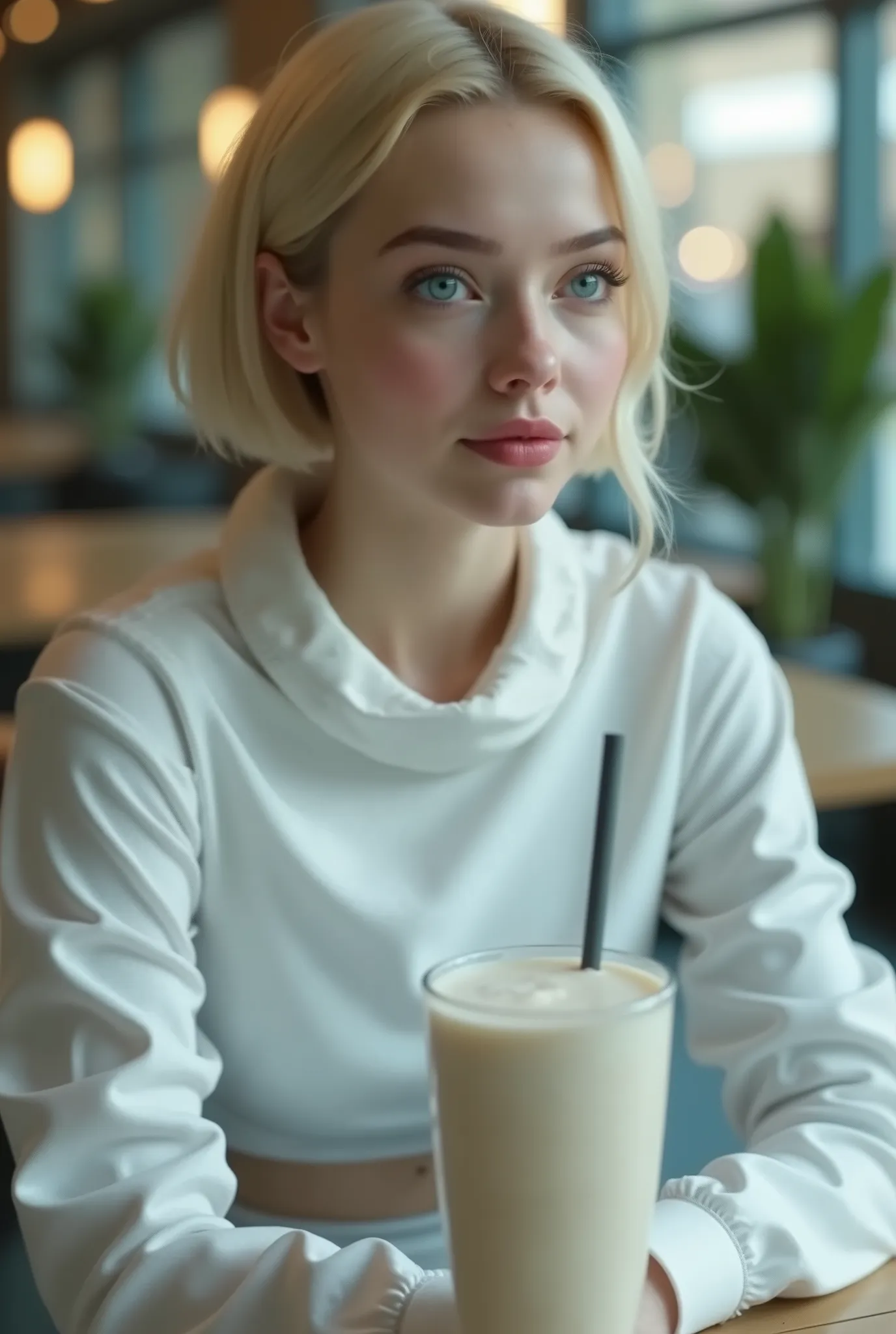 ((RAW Photo), Absurds, (Absurd Resolution)), ((Hyperrealism, Photorealistic)), ((beautiful 23 year old woman)), (poufy blonde hair, cropped, light flashes), (full astronaut suit, white fabric), (without helmet), (she looks sideways to the side, sitting on ...