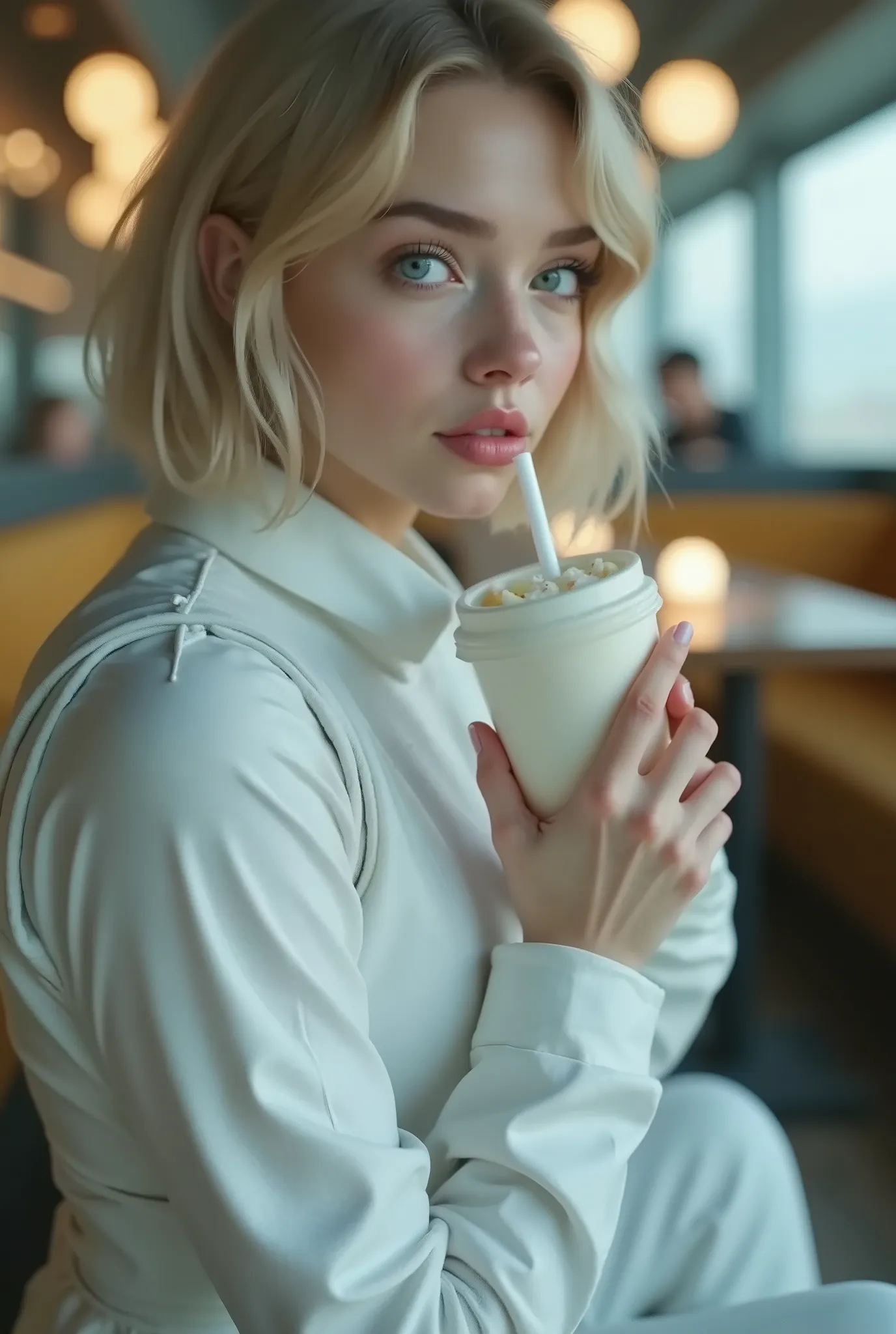 ((RAW Photo), Absurds, (Absurd Resolution)), ((Hyperrealism, Photorealistic)), ((beautiful 23 year old woman)), (poufy blonde hair, cropped, light flashes), (full astronaut suit, white fabric), (without helmet), (she looks sideways to the side, sitting on ...
