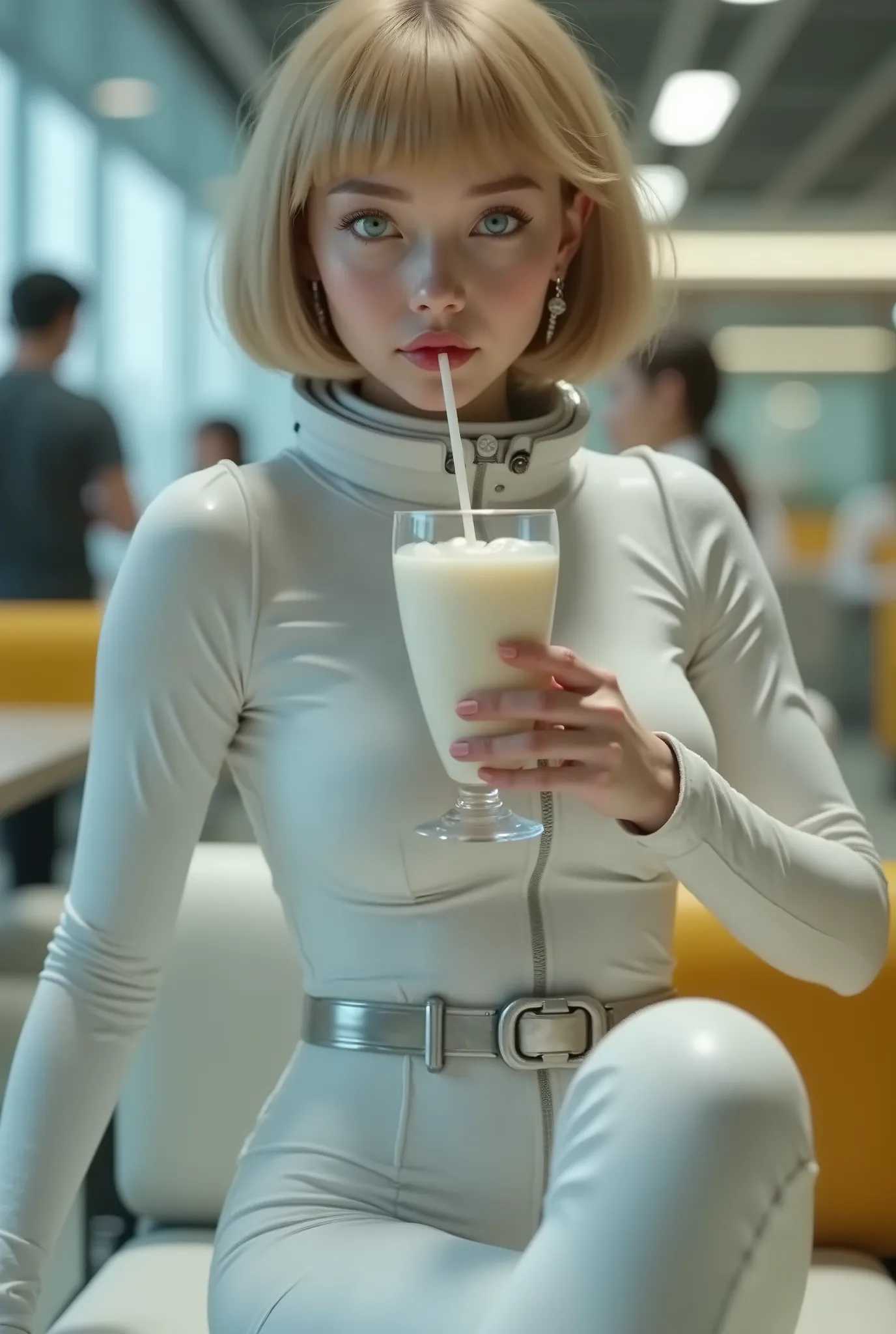 ((RAW Photo), Absurds, (Absurd Resolution)), ((Hyperrealism, Photorealistic)), ((beautiful 23 year old woman)), (poufy blonde hair, cropped, light flashes), (full astronaut suit, white fabric), (without helmet), (she looks sideways to the side, sitting on ...