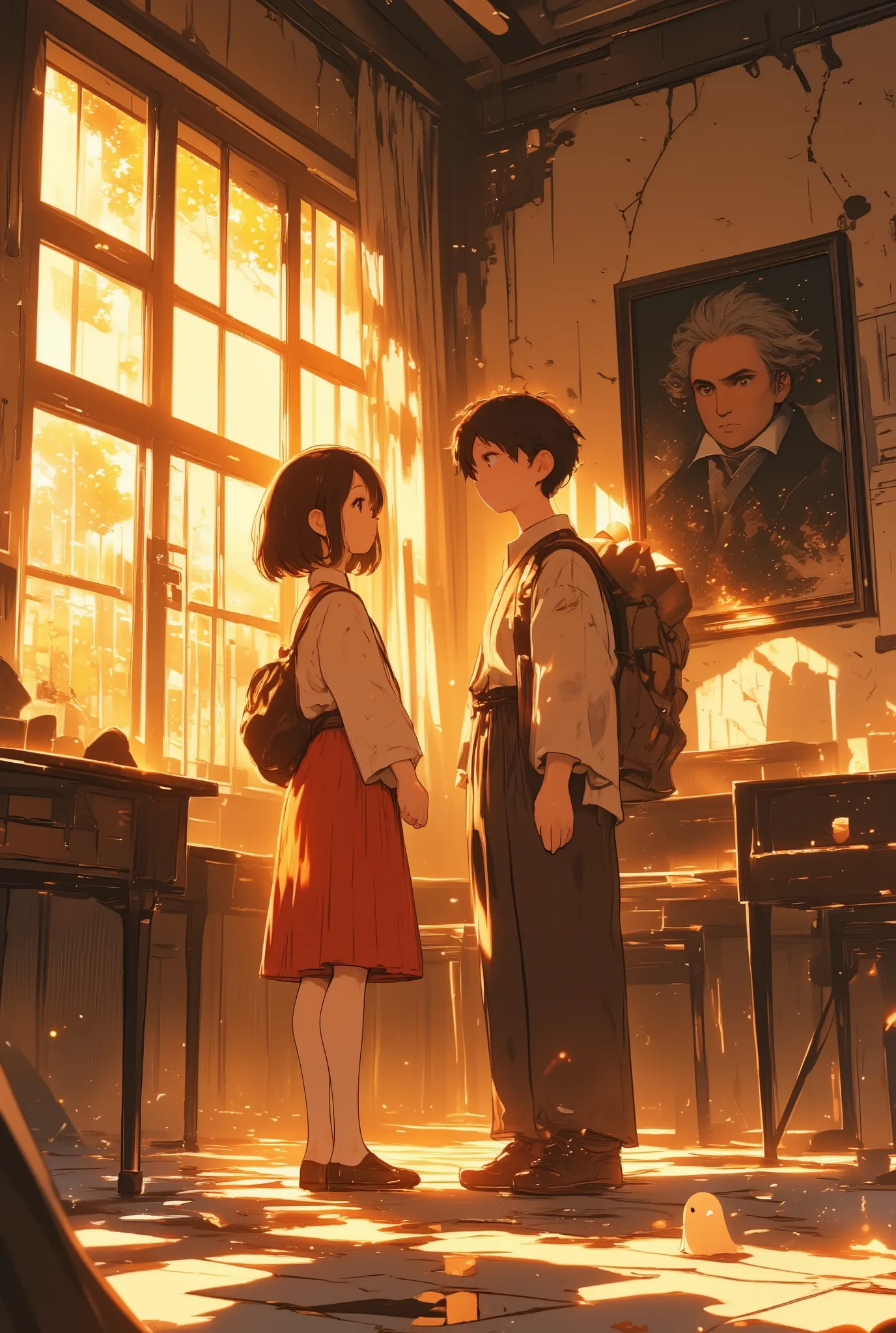 warm backlit scene inside an abandoned music classroom, golden sunlight pouring through cracked tall windows, soft dust particles glowing in the air  
a girl in a white shirt and red suspender skirt (Hanako-san) with a neat bob haircut stands facing a boy ...