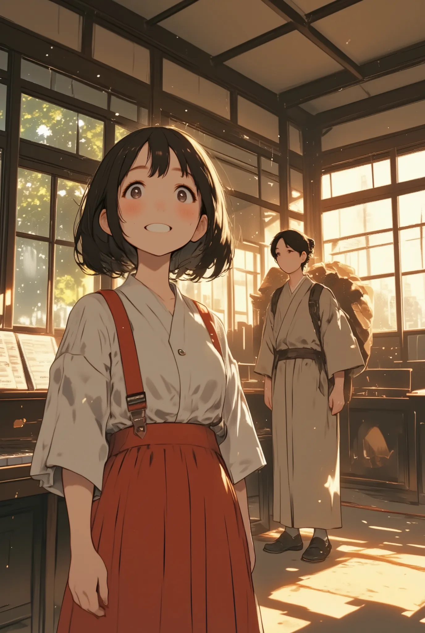 close-up shot of Hanako-san the ghost girl, wearing a white button-up shirt and red suspender skirt, bob haircut with straight bangs, smiling brightly with joy  
in the blurred background, Sontoku Ninomiya Kinjiro Ninomiya in traditional Japanese kimono, c...