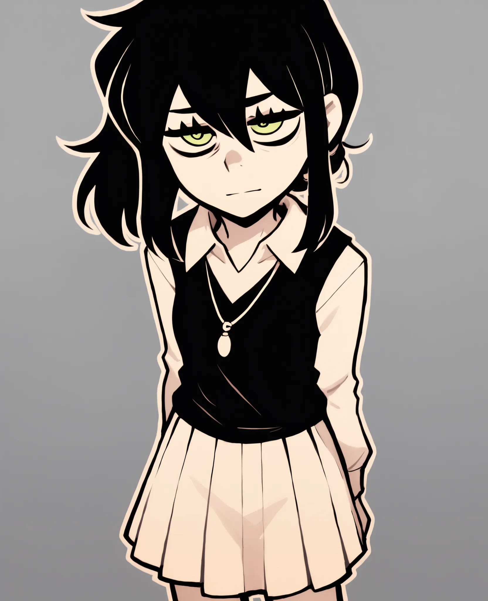 outline, monochrome, 1girl, reneegr, black hair, ponytail, sidelocks, long hair, green eyes, jitome, bags under eyes, necklace, collared white shirt, long sleeves, black sweater vest, white pleated skirt, standing with neutral face