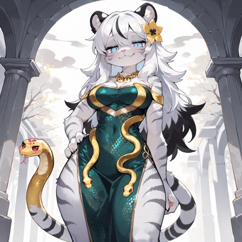 (front angle) (solo:1.5, solo character:1.5) (wide shoulders, mature:0.9, female, girl, hot, big eyes:1.4, round face:1.4, blue eyes, cute:1.2), ((white hair with black ends, black tipped hair)), (long hair, hair over whole head, body fur, furry, white tig...