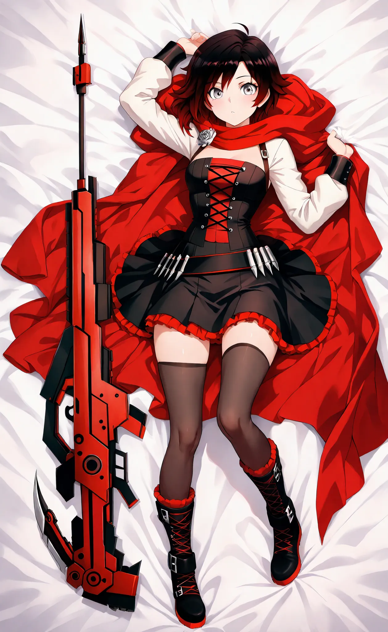 high definition, masterpiece, necessary, detail, best Quality, Quality, necessary, details, High details, Accurate, высокое Quality глаз,beautiful eyes,1 girl , ufotable style,  Ruby Rose (rwby),full body, dakimakura