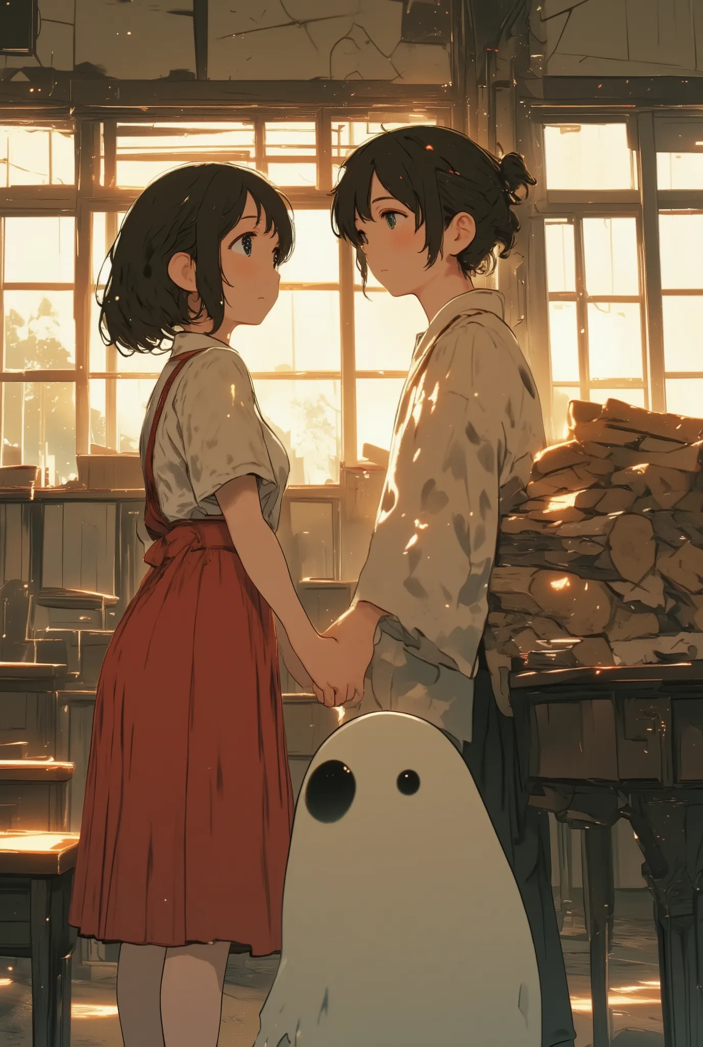 medium shot in an abandoned music classroom, Hanako-san the ghost girl wearing a white button-up shirt and red suspender skirt, bob haircut with straight bangs,  
leaning forward with sparkling eyes, curiously reaching toward the firewood bundle on Kinjiro...