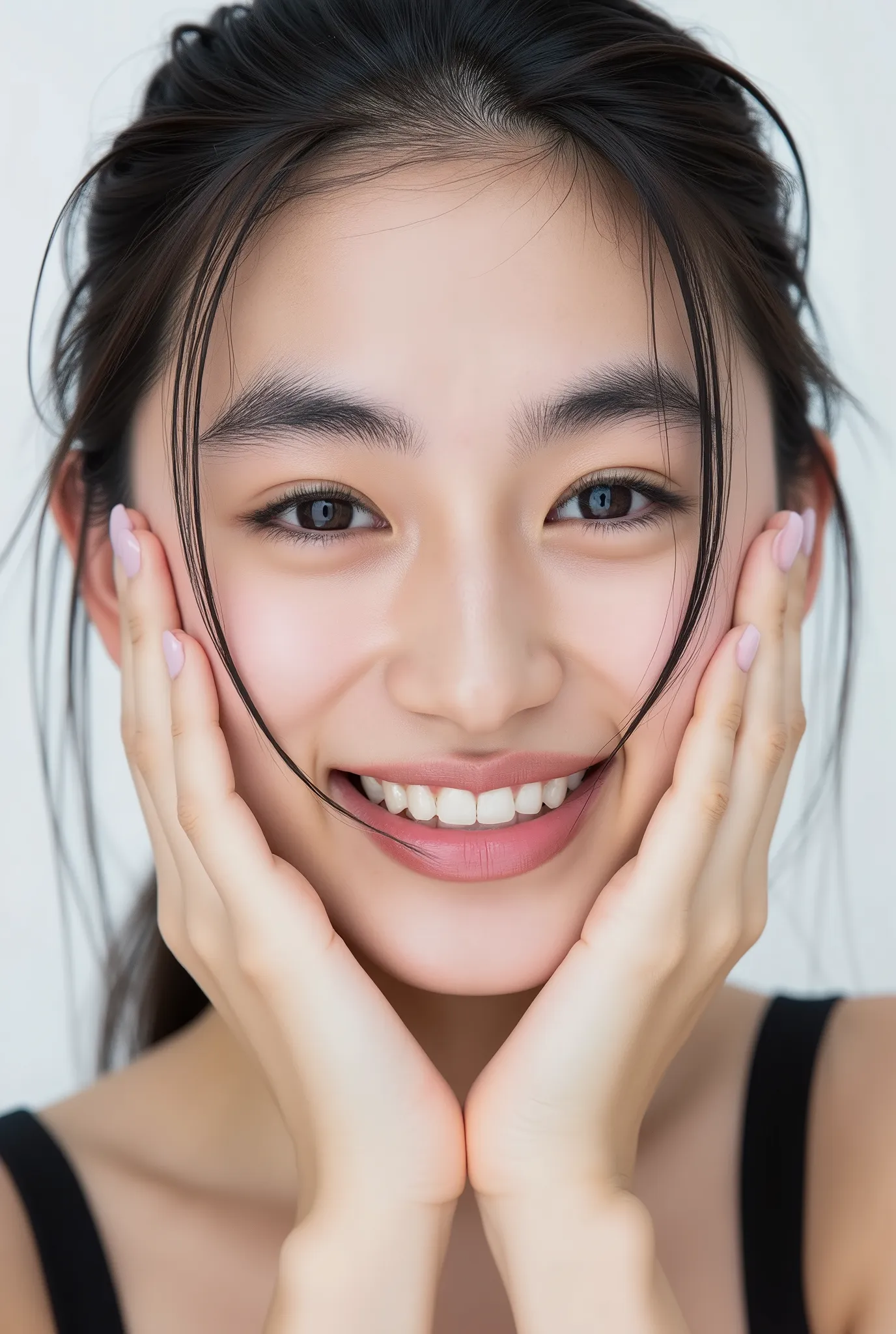 extreme close-up portrait of a beautiful 20-year-old Japanese woman, ultra photo-realistic, hyper-detailed skin texture with soft pores and peach fuzz, translucent light makeup, flushed cheeks glowing with affection, glossy soft lips slightly parted, subtl...