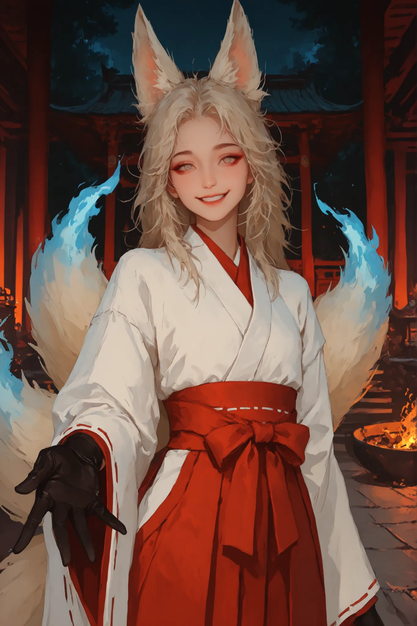 solo, female, fox girl, fox ears, multiple tails, fox tails, messy hair, finglerless gloves, fantasy, Japanese, fusion architecture, temple, shinto, night, forest, modest, close up, cowboy shot, elegant, miko, looking viewer, highest quality, smile, cute, ...