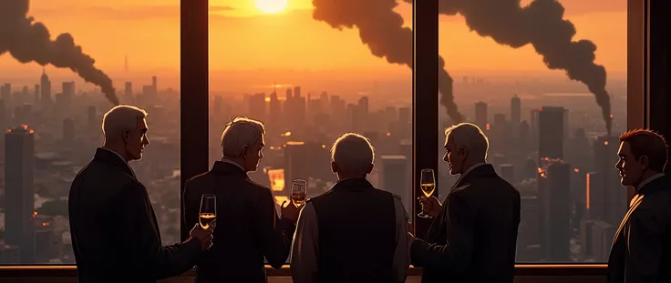 War-torn New York City, black Orange Sky; Lots of smoke; buildings in ruins. Several pockets of smoke.; seen through a window; happy, wealthy men toasting with Champagne; old men, white hair, New York City through a window on the top floor of the Empire St...