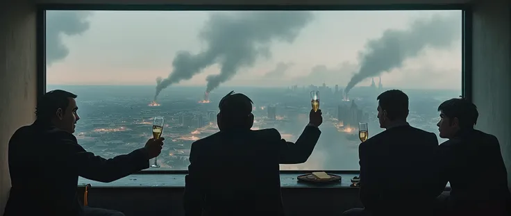 Gray sky; War-torn New York City, gray sky, with a lot of dust and smoke; Lots of smoke; buildings in ruins. Several pockets of smoke.; seen through a window; happy, wealthy men toasting with Champagne; old men, white hair, New York City through a window o...