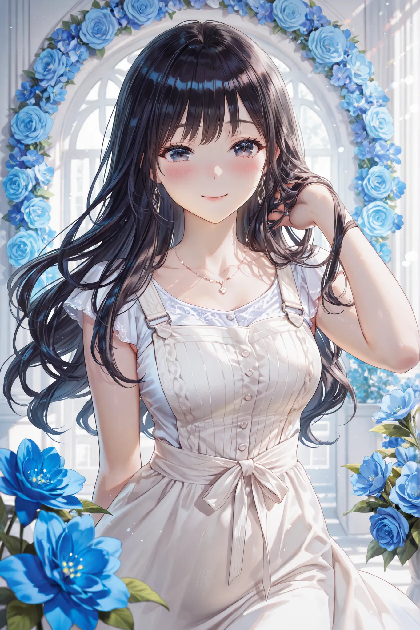 A beautiful woman, she has waist-length black hair in soft curls, and smiles gently with bright eyes, conveying purity and love. She wears a white dress with blue flowers, which is very tight, highlighting her curves. Her overall appearance is mature and s...