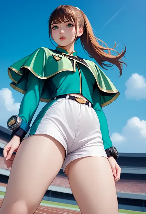senahayami,速見瀬奈、新條由芽、((solo)),((skinny female)),((slender body)), curvy,narrow waist,wide hips, voluptuous,Sunny weather at the athletics stadium, brown eyes, long hair, ponytail, senauniform, green eyes, white shorts,green capelet,,((senahayami open thigh...