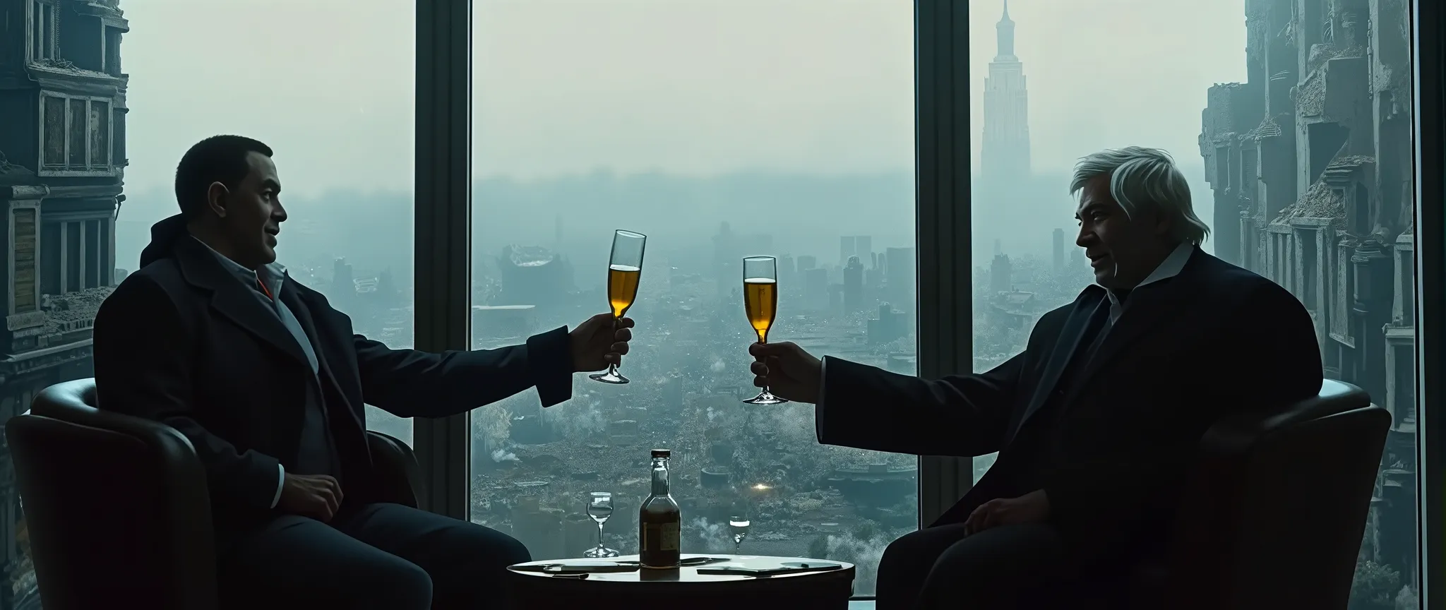 Gray sky; War-torn New York City, gray sky, with a lot of dust and smoke; Lots of smoke; buildings in ruins. Several pockets of smoke.; seen through a window; happy, wealthy men toasting with Champagne; old men, white hair, New York City through a window o...