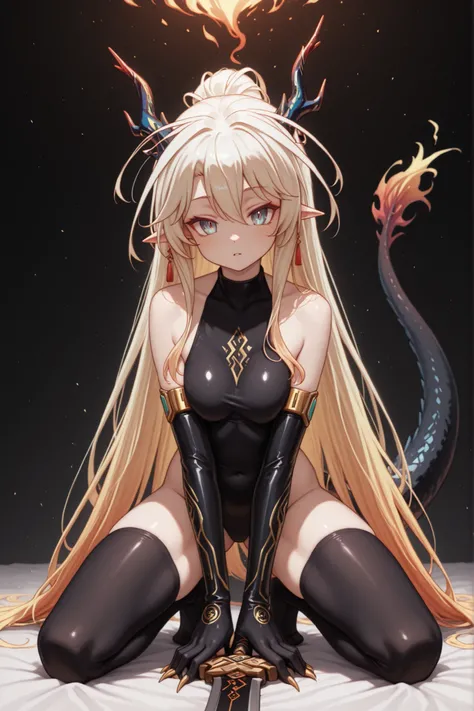 sozinho, 1 menina, facing the viewer, blond hair (with some blue threads), Shiro's hairstyle of "No Game No Life", Shiro's body of "No Game No Life", twinkling blue eyes, robotic-looking eyes, Long FRINGE, Shaggy hair, Perfect Anatomy, estudante, long blac...