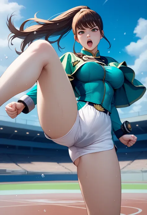senahayami,速見瀬奈、新條由芽、((solo)),((skinny female)),((slender body)), curvy,narrow waist,wide hips, voluptuous,Sunny weather at the athletics stadium, brown eyes, long hair, ponytail, senauniform, green eyes,wet thin skin tight white shorts,camel toue,,green c...