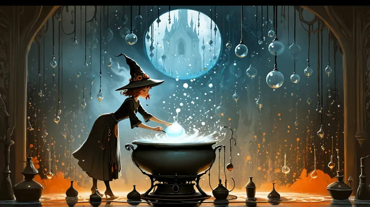 Young witch with pointed hat, magical brewing laboratory, stirring a bubbling cauldron labeled "Instant Regret Remover", magical bubbles rising and floating upward, mystical workshop with potion bottles and spell books, ethereal foggy atmosphere, dramatic ...