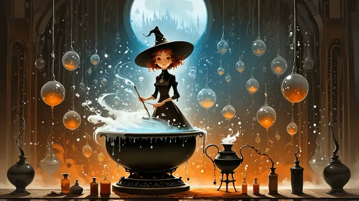 Young witch with pointed hat, magical brewing laboratory, stirring a bubbling cauldron labeled "Instant Regret Remover", magical bubbles rising and floating upward, mystical workshop with potion bottles and spell books, ethereal foggy atmosphere, dramatic ...