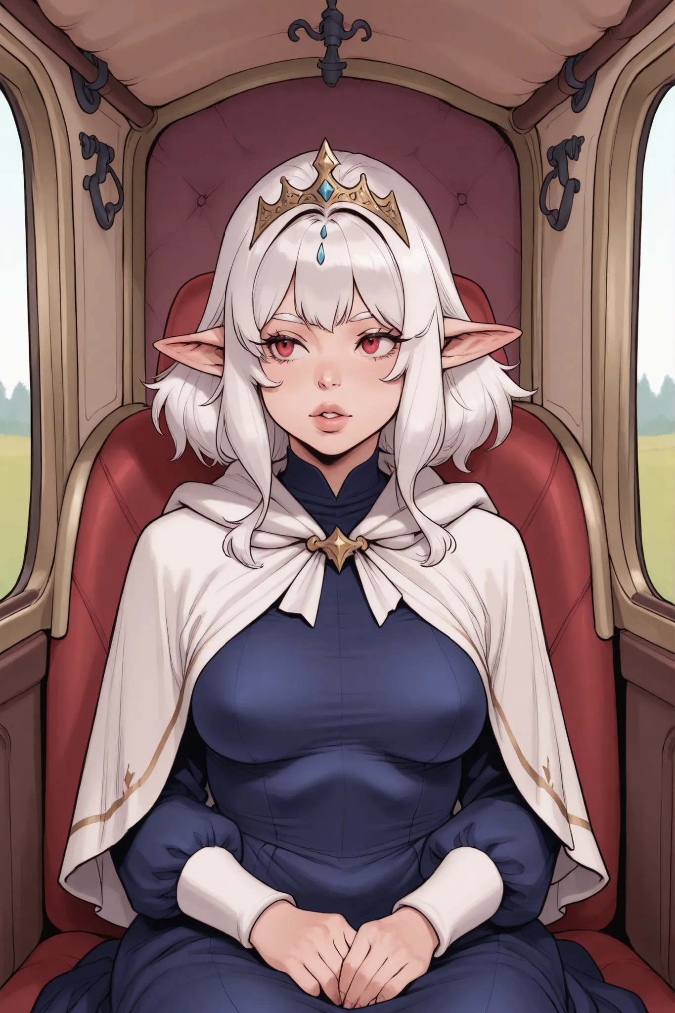 1 plumb girl, long white hair, pointy ears, voluptuous, medium breasts, tiara, dark blue dress, white capelet, sitting, carriage interior, plumb lips