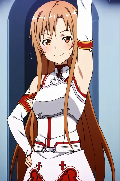masterpiece, best quality, amazing quality, anime screencap, anime coloring, 1girl, solo, Yuuki Asuna, Yuuki Asuna SAO costume, White Armor, White breastplate, White isolated sleeve, (character), long hair, detached sleeves, bare shoulders, bare arms, arm ...