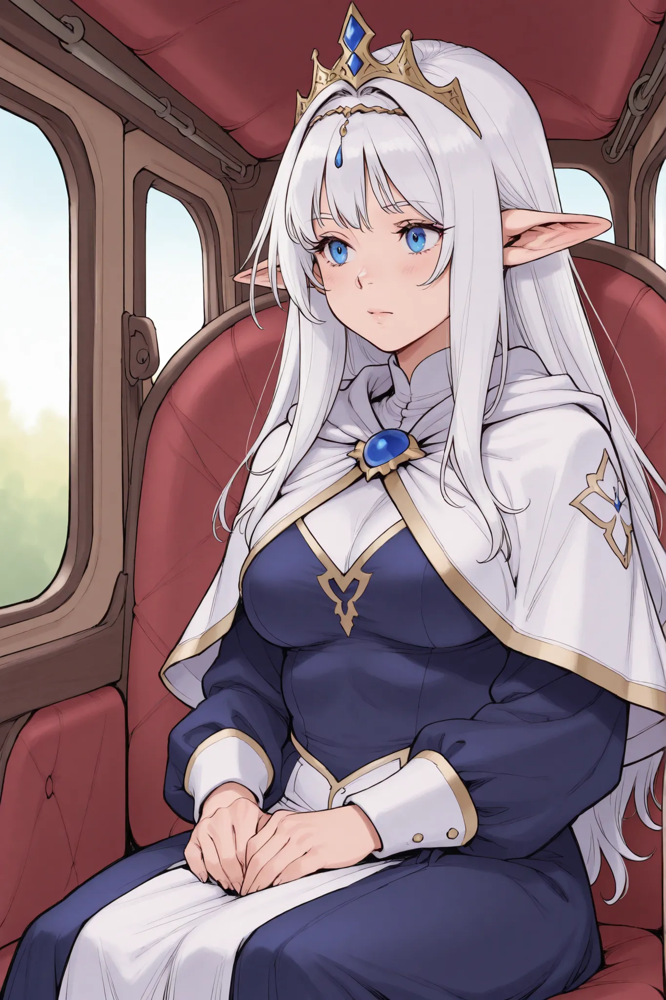 1 plumb girl, long white hair, blue iris, pointy ears, voluptuous, medium breasts, tiara, dark blue dress, white capelet, sitting, carriage interior, hands on lap