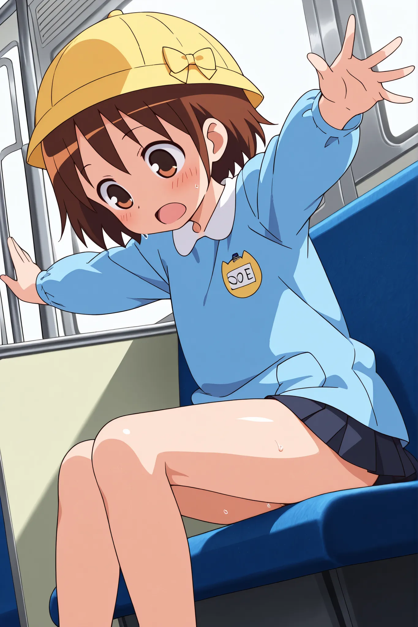 ((anime style)),nsfw,score_9, score_8_up, score_7_up, source_anime,high quality,detailed,high resolution,best quality , masterpiece ,1woman,solo,yasuna oribe,(Inside the bus),((Sit on a bus seat)),enji-costume,((Yellow kindergarten hat)),(outstretched arms...
