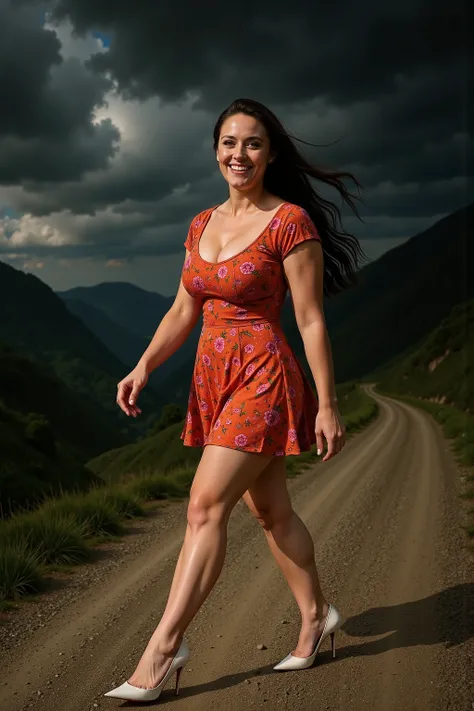 Shot from the distance, full body shot from head to toe, semi-lateral walking angle of A confident and athletic young woman named Nikki walks along a gravel mountain path with a joyful smile, looking directly at the camera. Her posture is relaxed, poised, ...