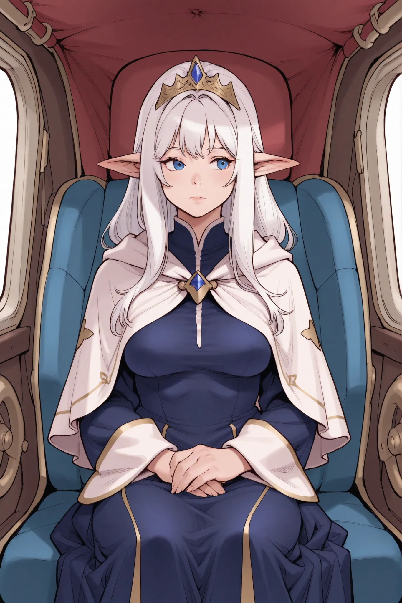 1 plumb girl, long white hair, blue iris, pointy ears, voluptuous, medium breasts, tiara, dark blue dress, white capelet, sitting, carriage interior, hands on lap