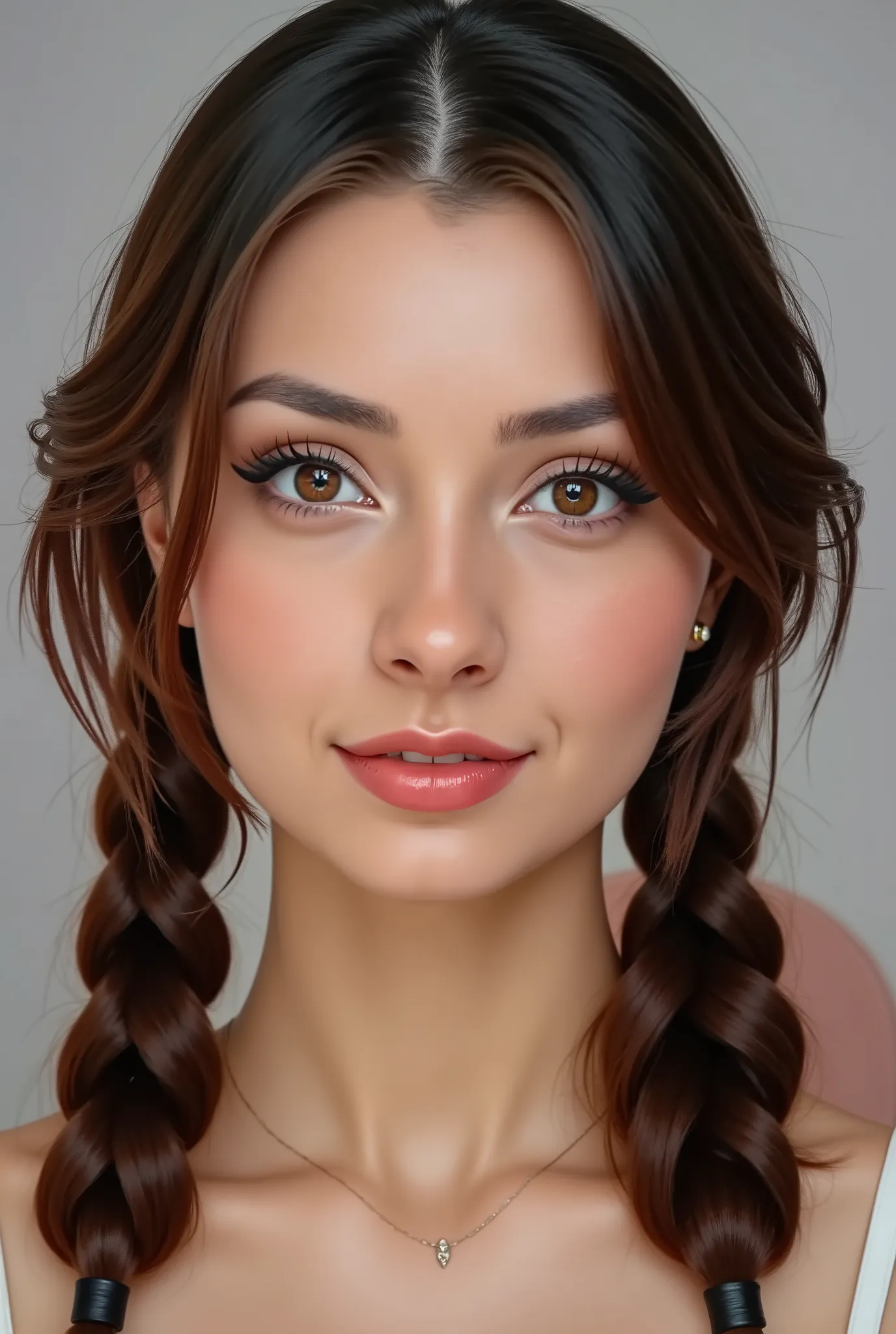 woman posing for a picture, flat grey background, faceshot