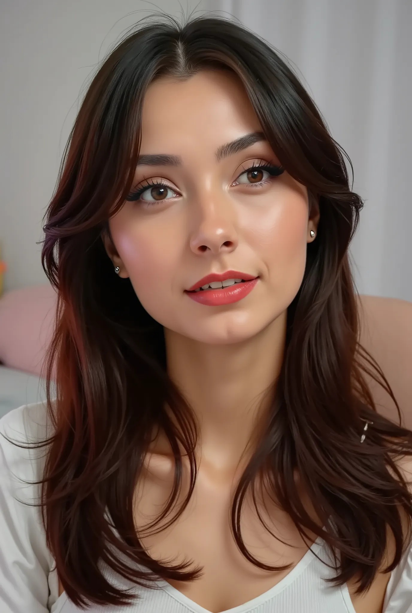 woman posing for a picture, flat grey background, faceshot