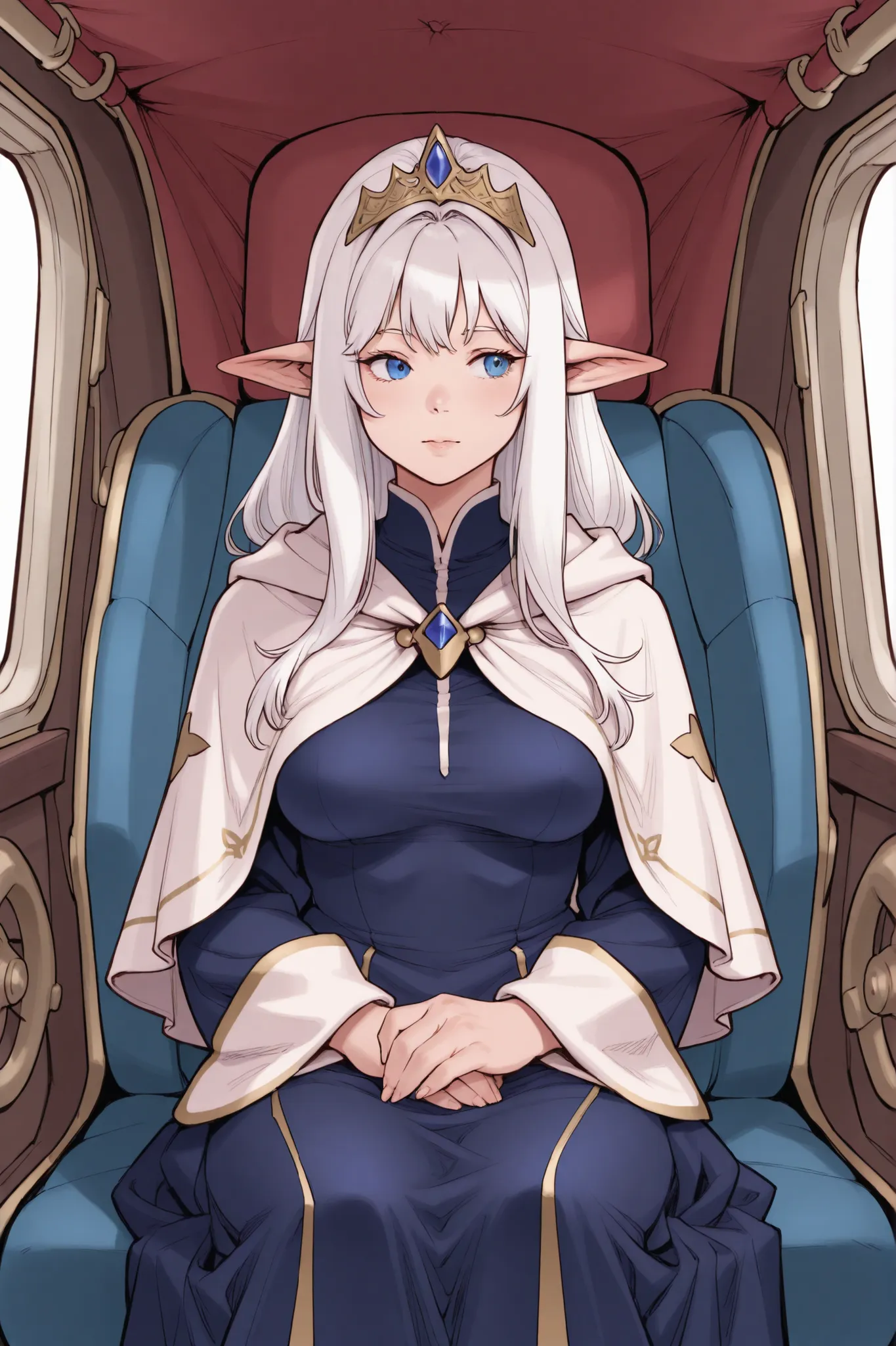 1 plumb girl, long white hair, blue iris, pointy ears, voluptuous, medium breasts, tiara, dark blue dress, white capelet, sitting, carriage interior, hands on lap
