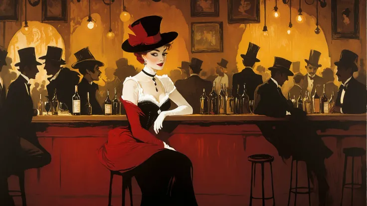 an illustration inspired by Henri Toulouse-Lautrec, a vintage Moulin Rouge poster, a young woman in old-fashioned clothes and a hat sitting at a bar, shadows of instruments and people in the background, dark red, black, and gold color palette, warm lightin...