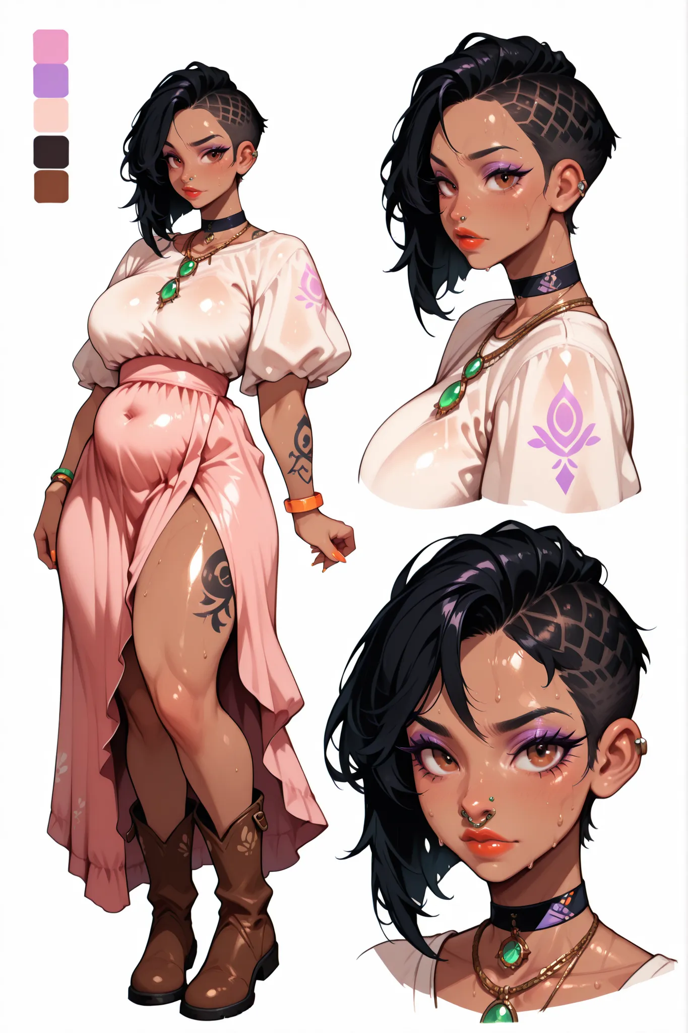 highres, hi res, best quality, masterpiece, intricate details, absurdres, 4k, semi realistic, CharacterDesignIllustrious, reference sheet, simple white background, color guide, (multiple views), (full body), dynamic pose, 1girl, arabic, dark skin, transgen...