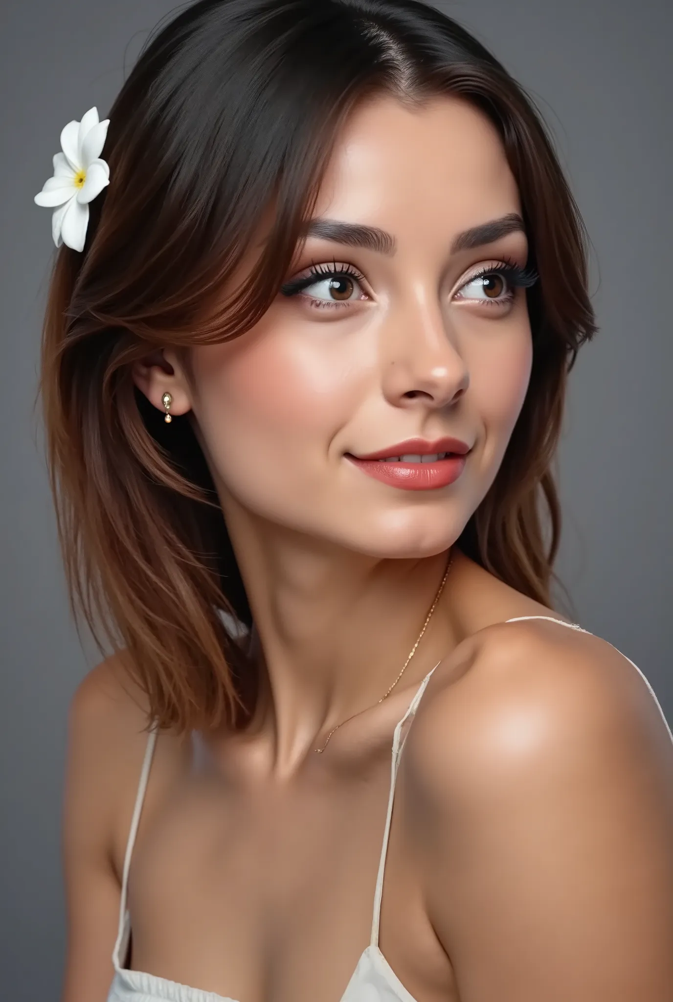 woman modeling for a picture, flat grey background, faceshot, loking away