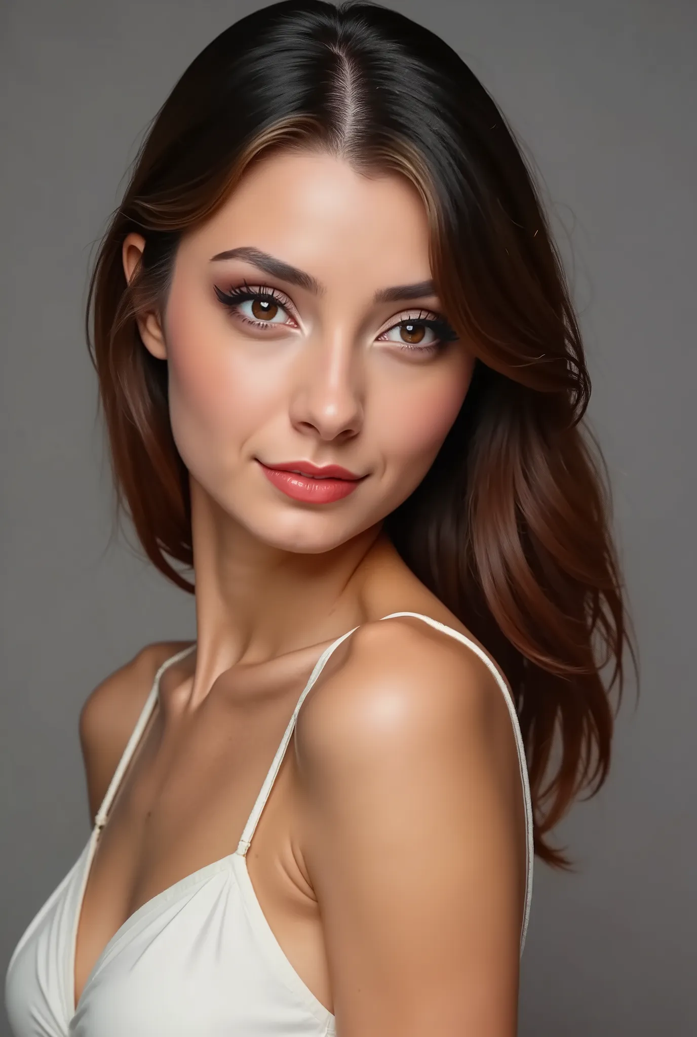 woman modeling for the picture, profile shoy, looking at viewer, no hands, flat grey background, faceshot,