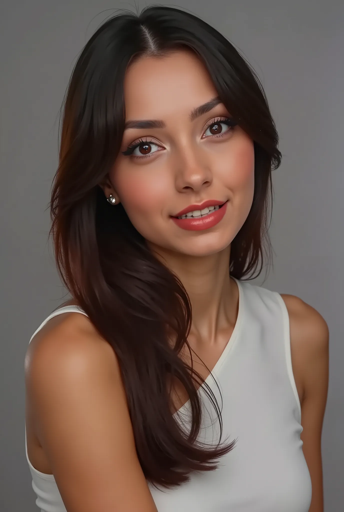 woman modeling for the picture, profile shoy, looking at viewer, no hands, flat grey background, faceshot,