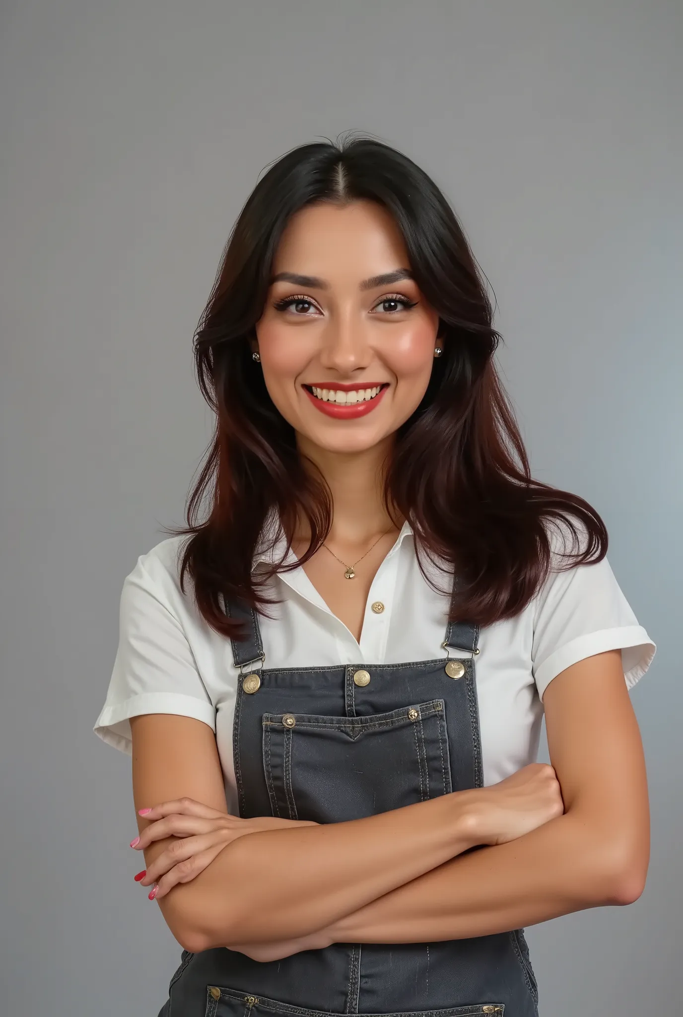 woman posing for a picture, smiling, flat grey background