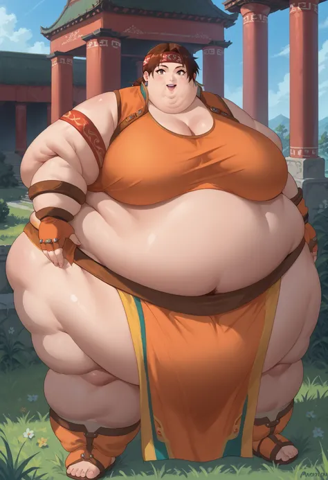 score_9, score_8_up, score_7_up, source_anime, BREAK solo, 1 girl, SNGMINASC2, brown hair, low ponytail, headband, orange sleeveless crop top, cleavage, midriff, loincloth, armlet, fingerless gloves, smile, open mouth, looking at viewer, breasts, 1 girl,...