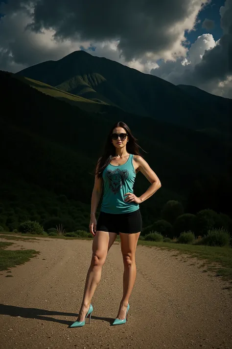 shot from the distance, Full body shot from head to toe, dramatic DSLR-quality lighting with cinematic contrast. A confident and athletic young woman stands outdoors on a gravel path in front of a majestic mountainous landscape, with rolling green hills an...