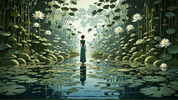 Elegant splash art. Extreme close-up. A mother gazes lovingly at her  reflected in the surface of a still pond. Dynamic lighting. The mother is serene. Art nouveau. Intricate patterns adorn the water lilies. Vivid colors. Best quality, a masterpiece, incre...