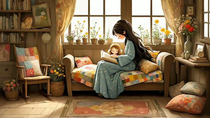 imagine a heartwarming scene of a mother and  reading a book together in a cozy cottage filled with soft, natural light. The mother has long, flowing hair adorned with flowers, and the  is snuggled close, listening intently. The room is decorated with colo...