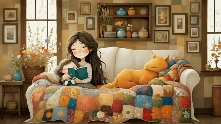 imagine a heartwarming scene of a mother and  reading a book together in a cozy cottage filled with soft, natural light. The mother has long, flowing hair adorned with flowers, and the  is snuggled close, listening intently. The room is decorated with colo...