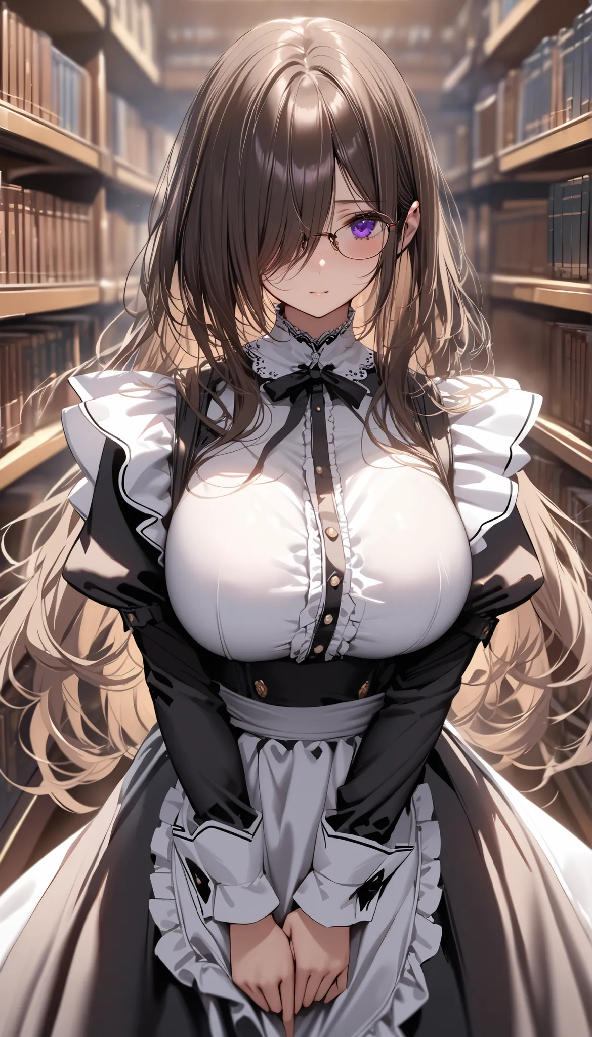 (masterpiece, Highest quality:1.2), (1girl), alone, ((long hair)), ((dark brown hair)), ((hair over face)), (hair over one eye), (hair over right eye), high detail, bloom, ((detailed face)), (beautiful effects), ,detailed eyes,(black maid dress), white a...