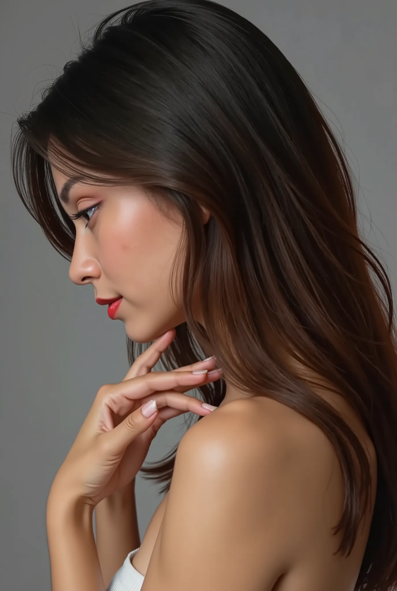 girl 18 years old posing for the picture, profile shot, looking down, no hands, flat grey background, faceshot,