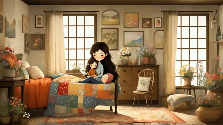 imagine a heartwarming scene of a mother and  reading a book together in a cozy cottage filled with soft, natural light. The mother has long, flowing hair adorned with flowers, and the  is snuggled close, listening intently. The room is decorated with colo...